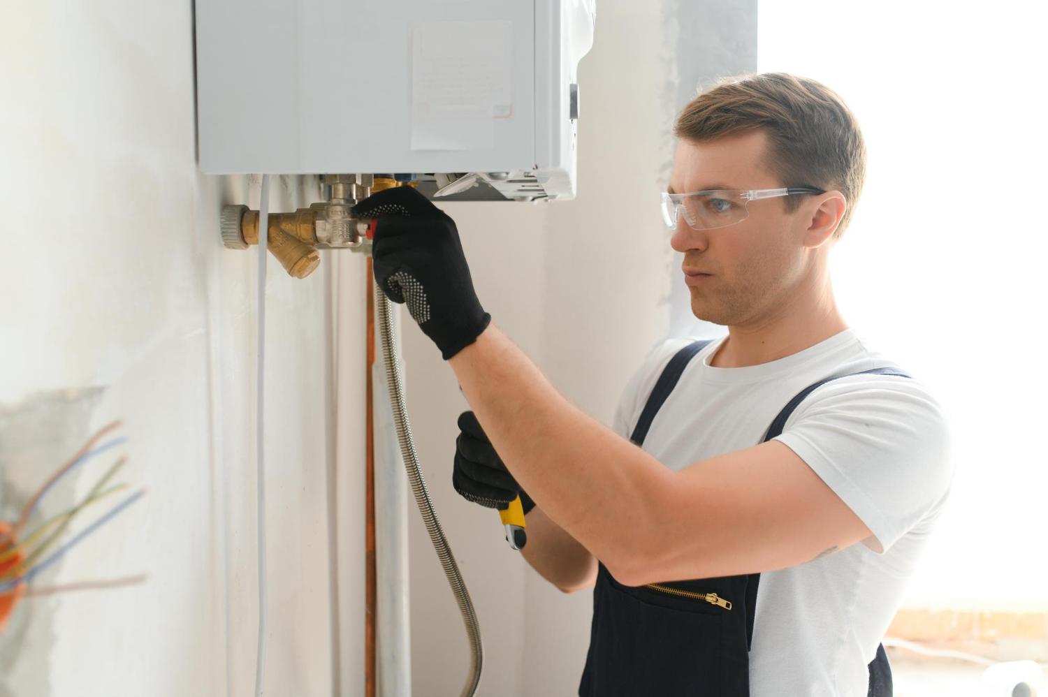 Technician servicing a home water heater