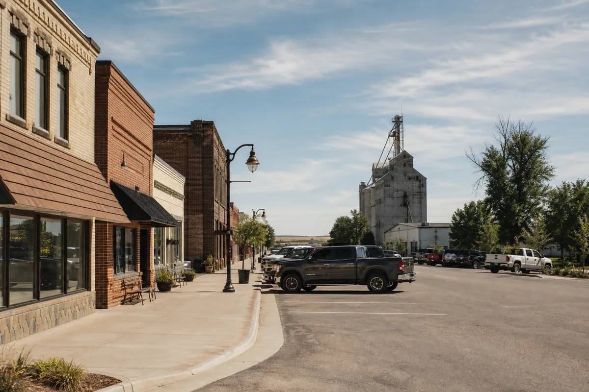 Main Street in Windsor, Colorado, with brick storefronts and the grain elevator